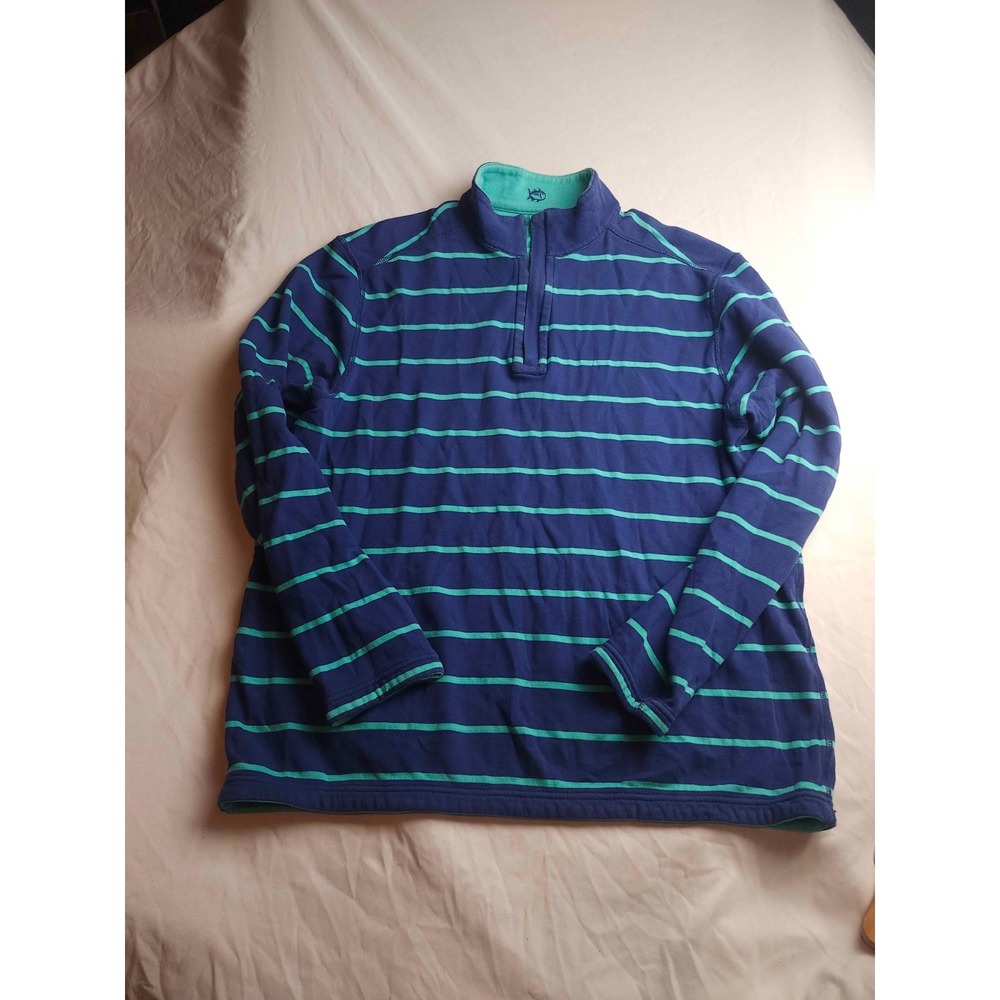 Southern Tide Skipjack Sweater Mens Large Green Striped Knit 1/4 Zip Pullover